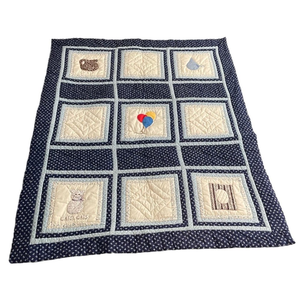 Vintage Handmade Patchwork Baby Children Blanket Crib Quilt Cat Balloon Rain